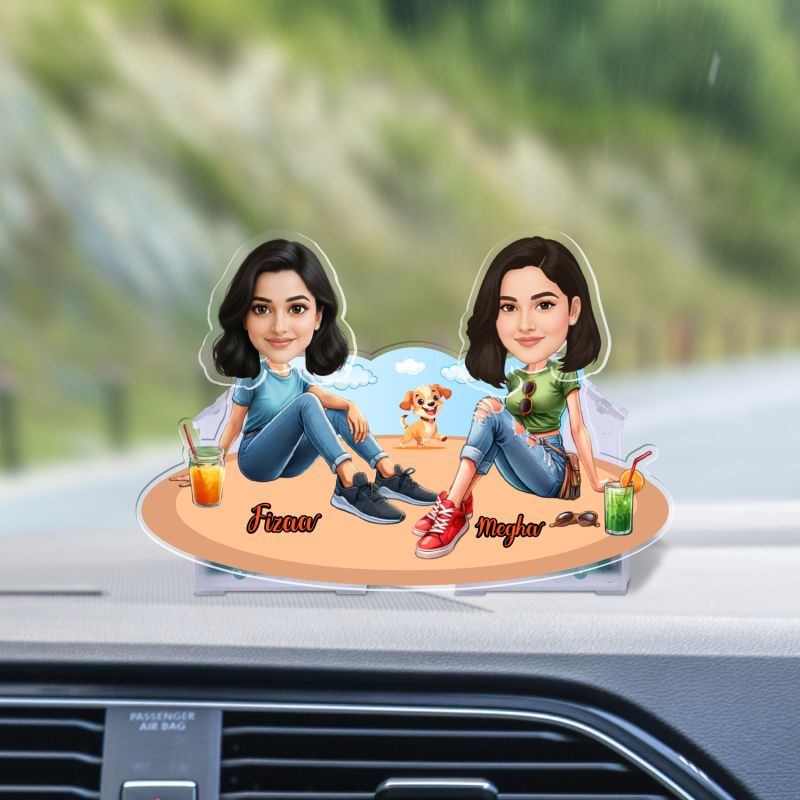 Personalized Best Friends with Dog Bobblehead Caricature Gift for Sisters, Besties & Pet Lovers Tabletop Desk Decor Gift for Birthday & Friendship Day Battery Powered Moving Head